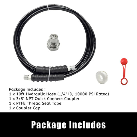 10 ft black high-pressure hydraulic hose assembly, 1/4 inch ID, 10000 PSI, 3/8 inch NPT quick-connect coupler, with cap