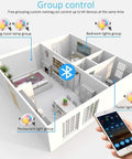3D room layout with smartphone app showing 6-Inch Smart LED Recessed Downlights 15W RGBCW 2700K-6500K Multicolor group control