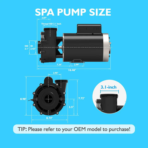 Heavy Duty Spa Pump Motor Replacement For Hot Tubs Single Speed 56 Frame 4Hp 220 Volt Straight Swap compatible dimensions and sizing details.