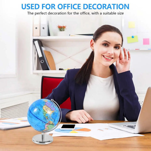 6 Inch World Globe With Sturdy Metal Stand on office desk, used as decor, with a rotating earth spinner and educational tool