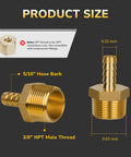 Brass Air Hose Fittings Three Eighths NPT Male To Five Sixteenths Barb Leak Resistant Brass Adapter For Air Water Fuel Systems Durable Pack Of Four Ideal For Auto Shops Home Garages Marine Applications And Industrial Projects. Size view of 3/8 NPT male to 5/16 barb brass fitting