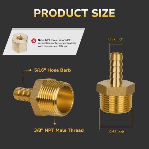 Brass Air Hose Fittings Three Eighths NPT Male To Five Sixteenths Barb Leak Resistant Brass Adapter For Air Water Fuel Systems Durable Pack Of Four Ideal For Auto Shops Home Garages Marine Applications And Industrial Projects. Size view of 3/8 NPT male to 5/16 barb brass fitting