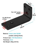 Diagram of Six Pack 4 By 2 Inch Beefy Heavy Duty Corner Braces Black Powder Coated Steel Supports, detailed dimensions and screw sizes