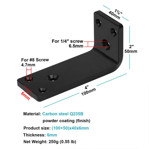 Diagram of Six Pack 4 By 2 Inch Beefy Heavy Duty Corner Braces Black Powder Coated Steel Supports, detailed dimensions and screw sizes