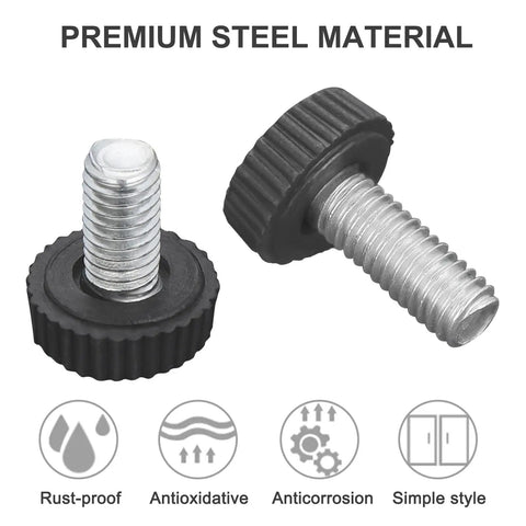 Top Tier M6 Thumb Screw Kit Packs 70 Heavy Duty Knurled Knobs For Slick Quick Turning Dead Simple Grip On Machinery Stands Clamps And Workshop Gear Built To Last - close-up of two black galvanized iron knurled knobs.