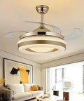 42 Inch Retractable Ceiling Fan With LED Light Kit And Remote Control, gold finish, in modern living room setting