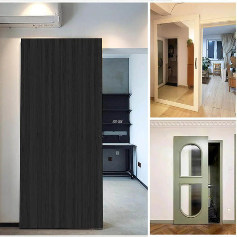 Concealed Sliding Barn Door Hardware Kit With 59.05 Inch Track installed in different room settings showcasing floating wall mount.