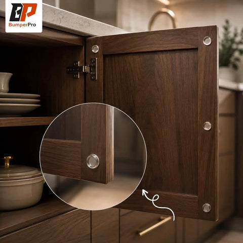 One Hundred Piece Clear Self Adhesive Cabinet Door Bumpers Three Eighth Inches Silicone Rubber Stoppers For Kitchen Drawers And Furniture To Halt Heavy Door Slams Cold Turkey visible on cabinet door.