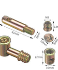 Twenty Piece Set Of Knockout Gold Cam Lock Fittings For Furniture Assembly Rust Proof Heavy Duty Hardware Fasteners No Sweat Install Wardrobe Screws Tight Woodworking Connectors showing cam locks and connectors measurements.
