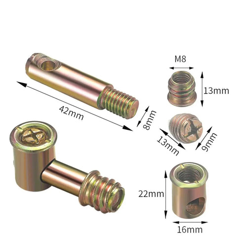 Twenty Piece Set Of Knockout Gold Cam Lock Fittings For Furniture Assembly Rust Proof Heavy Duty Hardware Fasteners No Sweat Install Wardrobe Screws Tight Woodworking Connectors showing cam locks and connectors measurements.