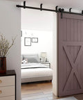 5 Feet Ceiling Mount Sliding Barn Door Hardware Kit For A 30 Inch Wide Single Wooden Door Easy To Install Smooth Quiet Operation Y Shape Hanger Heavy Duty Steel With Anti Corrosion Finish Pre Drilled Rails And L Bracket installed on door