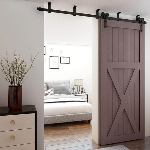 5 Feet Ceiling Mount Sliding Barn Door Hardware Kit For A 30 Inch Wide Single Wooden Door Easy To Install Smooth Quiet Operation Y Shape Hanger Heavy Duty Steel With Anti Corrosion Finish Pre Drilled Rails And L Bracket installed on door