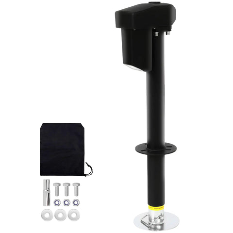 Beefy 12V Tongue Jack 4000 Lb A Frame Trailer Jack with 18 Inch Travel Drop Foot LED Light shown with components and cover