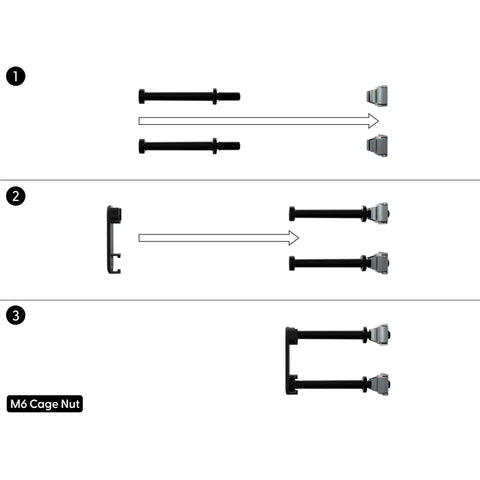 M6 cage nut assembly guide with bolts, parts laid out in three steps to install Super Slick Zero U Cable Management for 19 Inch Server Racks.