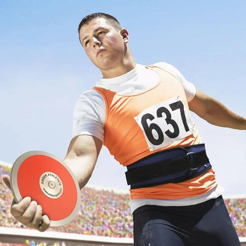 Athlete preparing to throw 70 Percent Rim Weight Discus With Galvanized Steel Rim And ABS Plates Pro Grade Balance 0.85 Kg