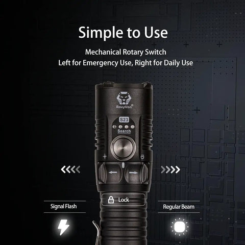 Close-up of flashlight with rotary switch, emphasizing controls of Four Thousand Lumen EDC Rechargeable Flashlight With Magnetic Base And Battery Indicator For Hands Free Work, IPX8 Waterproof LED Torch That Beats Darkness For Home, Emergencies And Outdoors.