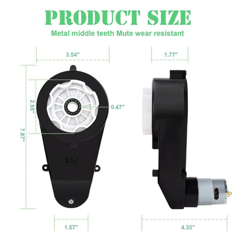 24V Ride On Car Gearbox Upgrade For Kids High Speed Drive Motor Replacement Easy Install RS555 Style Upgrade shown front and side