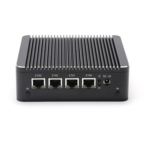 Knockout Micro Firewall Appliance And Mini PC Compatible With Opnsense Pfsense Routers showing four Gigabit LAN ports and rugged design.