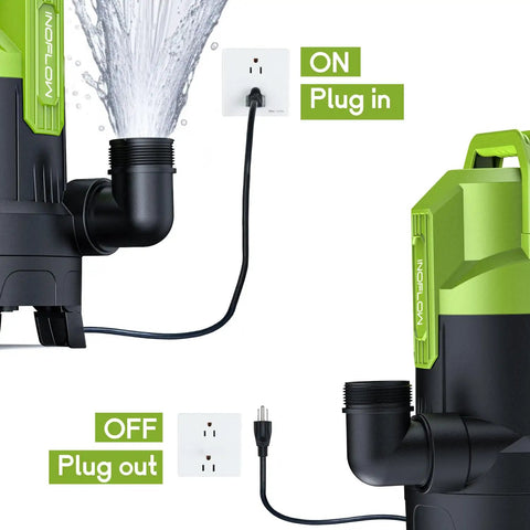Three-Quarter HP Submersible Sump Pump Delivers Up To 3430 GPH For Quick Pool Draining, Basement Flood Cleanup And Yard Water Removal with plug in/out demonstration