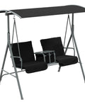 Two Person Porch Swing With Stand And Canopy Outdoor Swing With Pivot Storage Table And Cup Holders Cushions Black Frame
