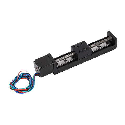 Linear slide stage actuator with NEMA 11 motor, black metal rail, 100 mm travel, T6x1 lead screw