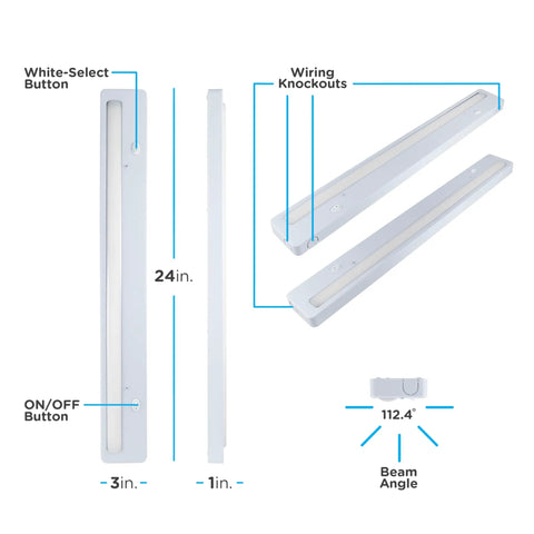 Premium 24 Inch LED Under Cabinet Light Bar Direct Wire With 900 Lumens And 97 CRI Color Select Temperature, front view