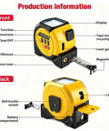Built Tough 3 In 1 Laser Tape Measure And Rangefinder With Cross Line Level and Heavy Duty Magnetic Hook showing front and back features.