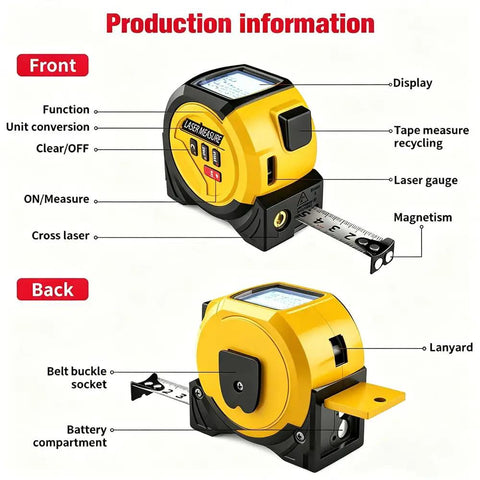3-in-1 Laser Tape Measure 40M/131FT Rangefinder with 16Ft Tape&Cross Line,Laser Distance Meter for Area/Volume/Pythagorean-Battery Powered-131FT Yellow front and back view showing functions.