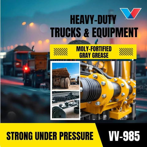 Full Synthetic Grease With Extreme Pressure Moly Fortified Lubricant 14.1 Oz Cartridge for trucks and equipment in action.