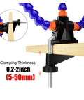 Close-up of a Third Hand Soldering Stand With Adjustable Metal Gooseneck Arms, PCB Holder Vise Table Clamp showing clamping thickness.