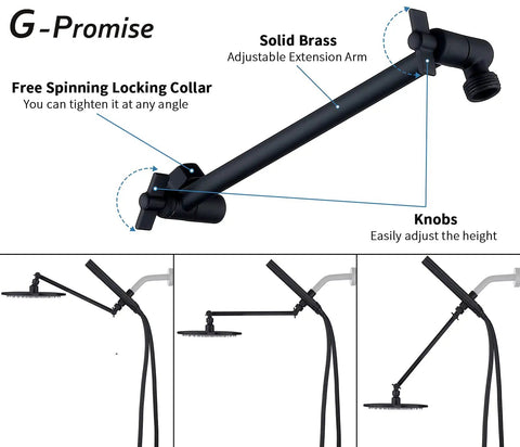 Beefy All Metal Dual Shower Head System With 8 Inch Rainfall Shower Head, Adjustable Extension Arm in Matte Black