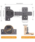Frameless Full Overlay Soft Close Concealed Cabinet Hinges 20 Pack Black Titanium Plated Self Closing 105 Degree Open Angle And 85 Degree Stop 3D Adjustment Clip On Stainless Steel For Cabinet Doors Easy Install No Fuss, showing dimensions and details.