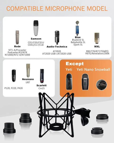 Anti Vibration Condenser Microphone Shock Mount For Studio Use Fits AT2020 MXL 770 MXL 990 Samson G Track Pro Rode Procaster NT1-A Neumann U87 And More Spider Mount For Clean Noise Free Recordings with compatible microphones.