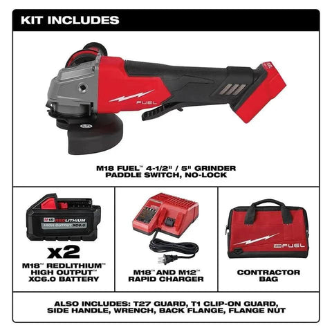 Hardcore Brushless Angle Grinder Kit For Milwaukee M18 Fuel Batteries with 4-1/2 inch grinder and accessories.