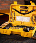Solid Grip 12V Rechargeable Cordless Hand Drill Featuring Forward Reverse Switch And Heavy Duty High Carbon Steel Bit Set inside yellow case.