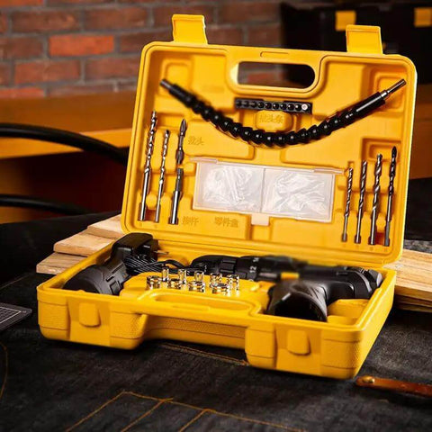 Solid Grip 12V Rechargeable Cordless Hand Drill Featuring Forward Reverse Switch And Heavy Duty High Carbon Steel Bit Set inside yellow case.