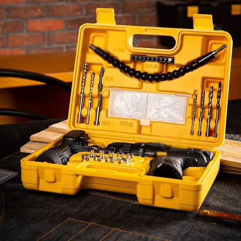 Kickass 12 Volt Rechargeable Electric Drill Kit With Adjustable Speed And Reverse Function Perfect For Hella Easy Household Fixes And Serious DIY Projects in yellow case with accessories.