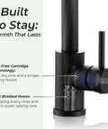 Close-up of Matte Black Pull Down Kitchen Sink Faucet In Solid Stainless Steel with steel-braided hoses and drip-free technology.