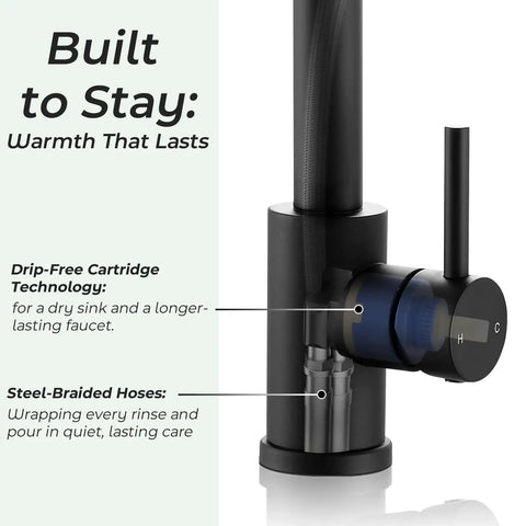 Close-up of Matte Black Pull Down Kitchen Sink Faucet In Solid Stainless Steel with steel-braided hoses and drip-free technology.