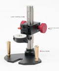 Sturdy Rotary Tool Stand For A Stable Drill Press Makeover with aluminum base, featuring red adjustment knobs and brass handles.