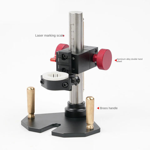 Sturdy Rotary Tool Stand For A Stable Drill Press Makeover with aluminum base, featuring red adjustment knobs and brass handles.