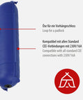 Side view of blue Outdoor IP44 Protected Power Box for 230V Extension Cables, showing loop for padlock and CEE compatibility.