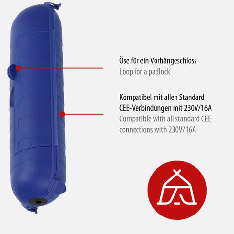 Side view of blue Outdoor IP44 Protected Power Box for 230V Extension Cables, showing loop for padlock and CEE compatibility.