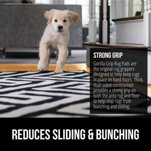 Puppy on rug using Extra Strong Rug Pad Gripper 2x4 Ft For Hardwood Floors And Carpets, Slip Resistant Pad That Keeps Area Rugs In Place.