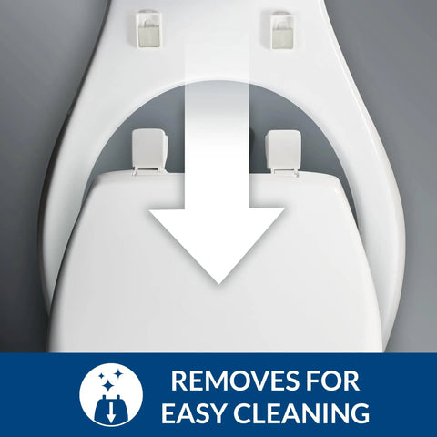Toilet Seat With Quick Release Easy Clean Hinges For Deep Cleans displayed with arrow showing hinge mechanism.