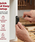 Hands installing Beefy 30 Lb Pull Heavy Duty Cabinet Magnetic Catch With Stainless Steel Door Latch on a white cabinet.