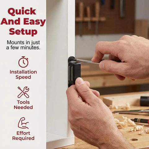Hands installing Beefy 30 Lb Pull Heavy Duty Cabinet Magnetic Catch With Stainless Steel Door Latch on a white cabinet.