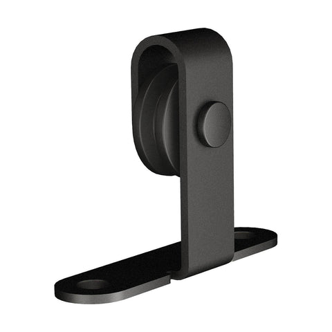 Close-up of a matte black stop from a 60 Inch Mini Barn Door Hardware Kit For Double Cabinet Doors Top Mount Matte Black Finish Trim To 55 Inches Includes Flat Rail, Four Rollers, Four Stops, Door Guide, Rails Mounting Brackets For Doors Three Quarters Inch Thick, And Hardware, showing mounting holes for installation.