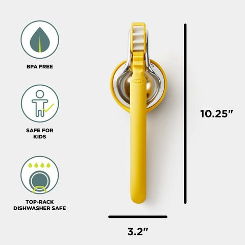 Top view of No Fuss Lemon Squeezer Citrus Juicer With Dual Gear Power Manual Hand Press, yellow, 10.25x3.2 inches, BPA free