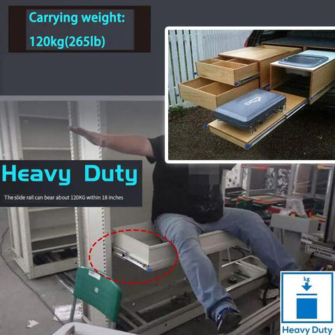 Heavy Duty Full Extension Ball Bearing Drawer Slides With Lock 52 Inch Steel Cabinet Runners Pair shown bearing 120kg weight in utility setup.